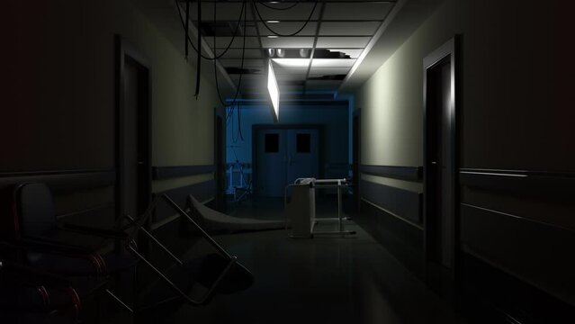 Eerie psychiatric ward corridor, overturned beds, flickering light, ominous Halloween setting.