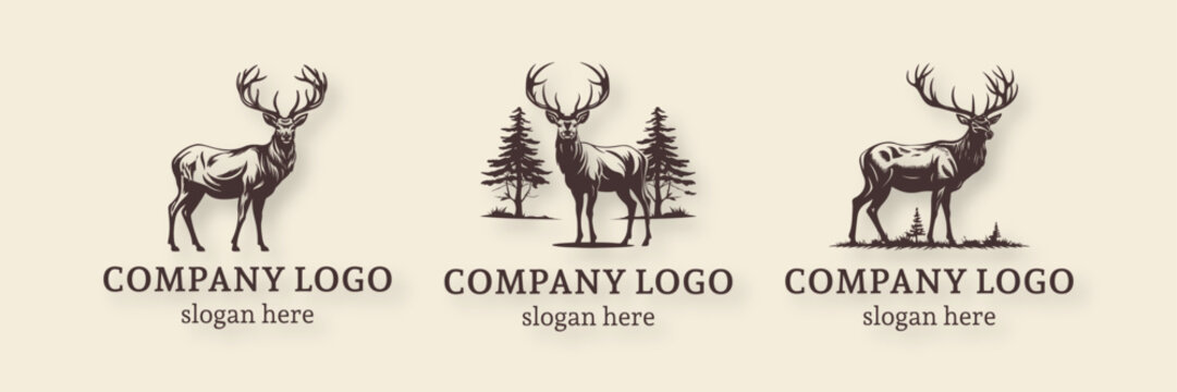 Logo set Deer Elk Silhouette Hand Drawn Vector Illustration. Symbol Graphic Element, logo template isolated on a background Premium retro vintage symbols for hunt, adventure,  in forest