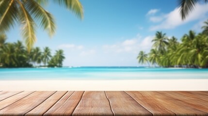 Empty wooden table top product display showcase stage. Tropical summer, palm trees, white sand and blue ocean in the background. Generative AI