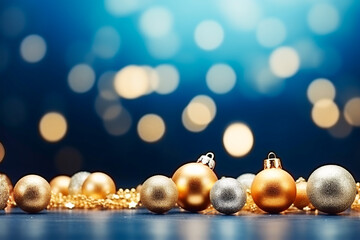 Fototapeta premium Christmas New Years greeting card banner with gold tree ornaments glitter on dark blue background. Template with copy space