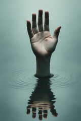 A hand of a drowning person comes out of still water calling for help - obrazy, fototapety, plakaty