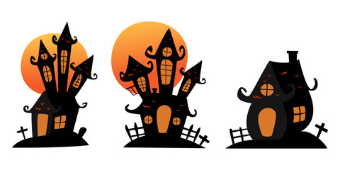 castle house halloween with full moon set. vector illustration