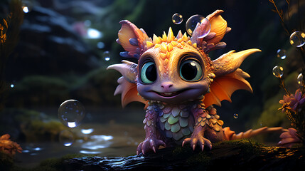 Fototapeta na wymiar Cute dragon on the rocks,fantasy,3d generative ai