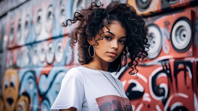 Young woman with curly hairstyle near the wall with graffiti in the style of the 90s