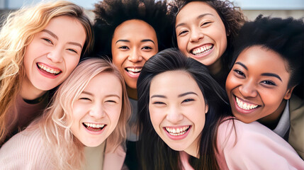 Obraz premium A group of six young women, teenage girls, smiling and having fun together