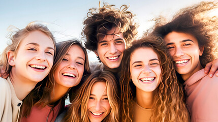 A group of happy friends of teenagers together in a hug with smiles on their faces with a hairstyle