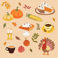 Thanks giving accessories doodle freehand drawing flat design.