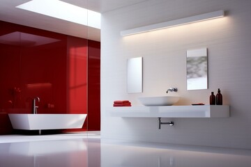 Minimalist bathroom with white decor and red towel. Generative AI