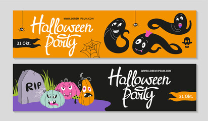 Happy Halloween banners set, party invitation background. Pumpkins and ghosts, spooky elements.