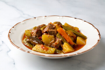 Turkish Food Turlu Mixed Vegetables with Cubed Meat.