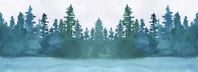 Watercolor winter landscape, watercolor illustration, pine blue-green forest in haze and snow, snowdrifts, trees in the snow