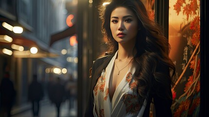 Asian woman in the city, looking at camera