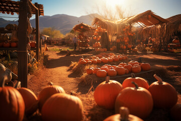 Countryside pumpkin farm with Mexican flair, bathed in warm lens flare.
