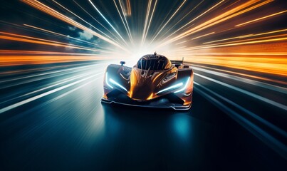 Racing car at high speed riding in illuminated road tunnel. Generative AI - obrazy, fototapety, plakaty
