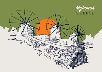 Drawing sketch illustration of the traditional Aegean windmills in Mykonos, Greece - obrazy, fototapety, plakaty