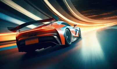 Sport racing car at high speed riding in illuminated road tunnel. Generative AI