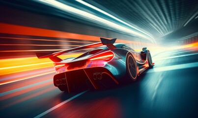Sport racing car at high speed riding in illuminated road tunnel. Generative AI - obrazy, fototapety, plakaty