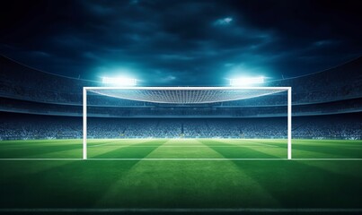 Football stadium penalty spot view with empty goal and cheering fans on background. Digital 3D illustration for sport advertising, Generative AI - obrazy, fototapety, plakaty