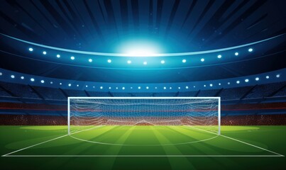 Football stadium penalty spot view with empty goal and cheering fans on background. Digital 3D illustration for sport advertising, Generative AI