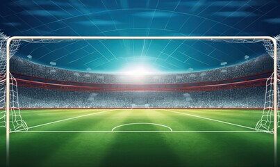 Football stadium penalty spot view with empty goal and cheering fans on background. Digital 3D illustration for sport advertising, Generative AI