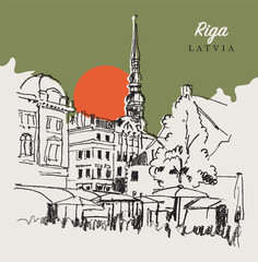 Naklejka premium Drawing sketch illustration of a street in Riga, Latvia