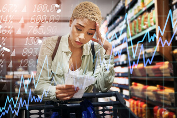 Woman, grocery shopping and stress with receipt for price increase, budget mistake or financial crisis by shelf. African customer in store or supermarket with headache, food cost or inflation overlay