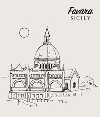 Drawing sketch illustration of the Church of Our Lady of Assumption in Favara, Sicily, Italy