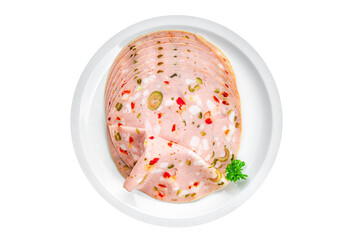 mortadella sausage slice marinated vegetable olive, pickled cucumber, pepper, gherkin freesh eating appetizer meal food snack on the table copy space food background rustic top view © Alesia Berlezova