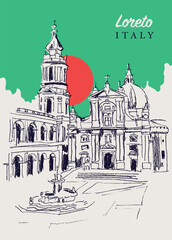 Drawing sketch illustration of the Basilica della Santa Casa in Loreto, Italy
