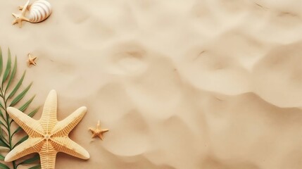 Fototapeta na wymiar Top view of palm leaves, starfish on beach sand