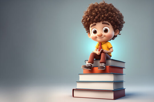 Illustration of funny curly haired student boy sitting on books, international student day theme.