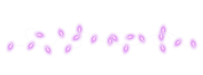 Purple christmas glowing garland. Christmas lights. Colorful Christmas garland. The light bulbs on the wires are insulated. PNG. © Orange Sky