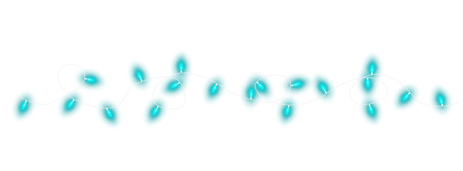 Dark turquoise christmas glowing garland. Christmas lights. Colorful Christmas garland. The light bulbs on the wires are insulated. PNG.