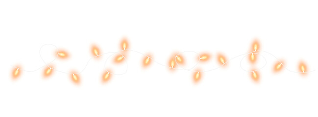 Orange christmas glowing garland. Christmas lights. Colorful Christmas garland. The light bulbs on the wires are insulated. PNG.