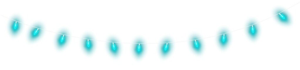 Dark turquoise christmas glowing garland. Christmas lights. Colorful Christmas garland. The light bulbs on the wires are insulated. PNG.