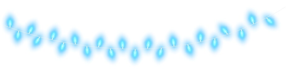 Pale blue christmas glowing garland. Christmas lights. Colorful Christmas garland. The light bulbs on the wires are insulated. PNG.