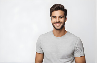 Portrait 25 year old male standing and smiling on isolated background