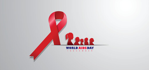 World AIDS day december 1 th. awareness red ribbon as Symbol HIV and Cancer and people, text and white paper backrgound concept. vector for banner, poster ,and social media post.