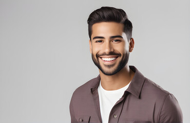 Portrait 25 year old male standing and smiling on isolated background