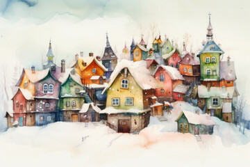 Cute Winter Town, watercolor. Fairy Tale Houses in the snow. Merry Christmas and Happy New Year. Winter or Christmas Festive Background, banner, poster, greeting card