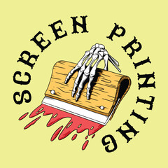vintage screen printing with skeleton hand holding squeegees