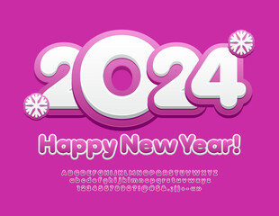 Vector Greeting Card Happy New Year 2024 with Snowflakes. Violet and White cute Font. Kids Alphabet Letters and Numbers.