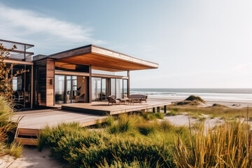 Fototapeta na wymiar Beautiful modern flat wooden house at the beach near the ocean, on a brightful day, gorgeous landscape