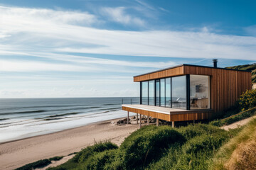 Fototapeta na wymiar Beautiful modern flat wooden house at the beach near the ocean, on a brightful day, gorgeous landscape