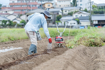 畑に石灰を撒く男性