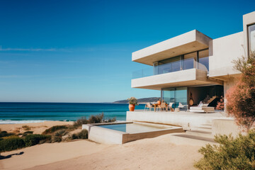 Obraz premium Beautiful modern flat concrete house at the beach near the ocean, on a brightful day, gorgeous landscape