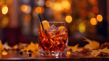 Cozy bar with a pleasant autumn atmosphere. Beautifully crafted old fashioned cocktails decorated with leaves sit on the table - obrazy, fototapety, plakaty