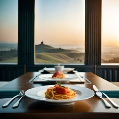 Exquisite Pasta Presentation: An 8K Landscape with Artistic Plates and Culinary Artistry