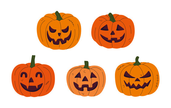 Cute cartoon pumpkin monster. Happy halloween. Set of pumpkins. Vector illustration