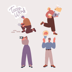 Vector illustration of dream team. People Characters Choosing Best Candidate for Job. Man and woman with the big magnifying glass. Searching, loudspeaker and bulb as idea symbol concept, binoculars.